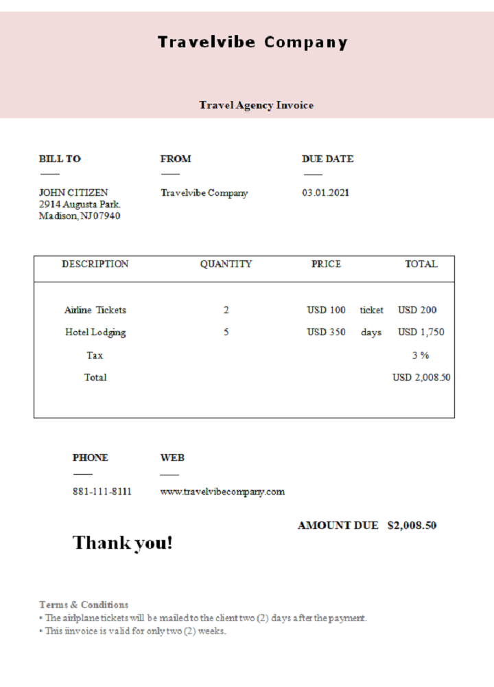 USA Travelvibe Company invoice PSD template